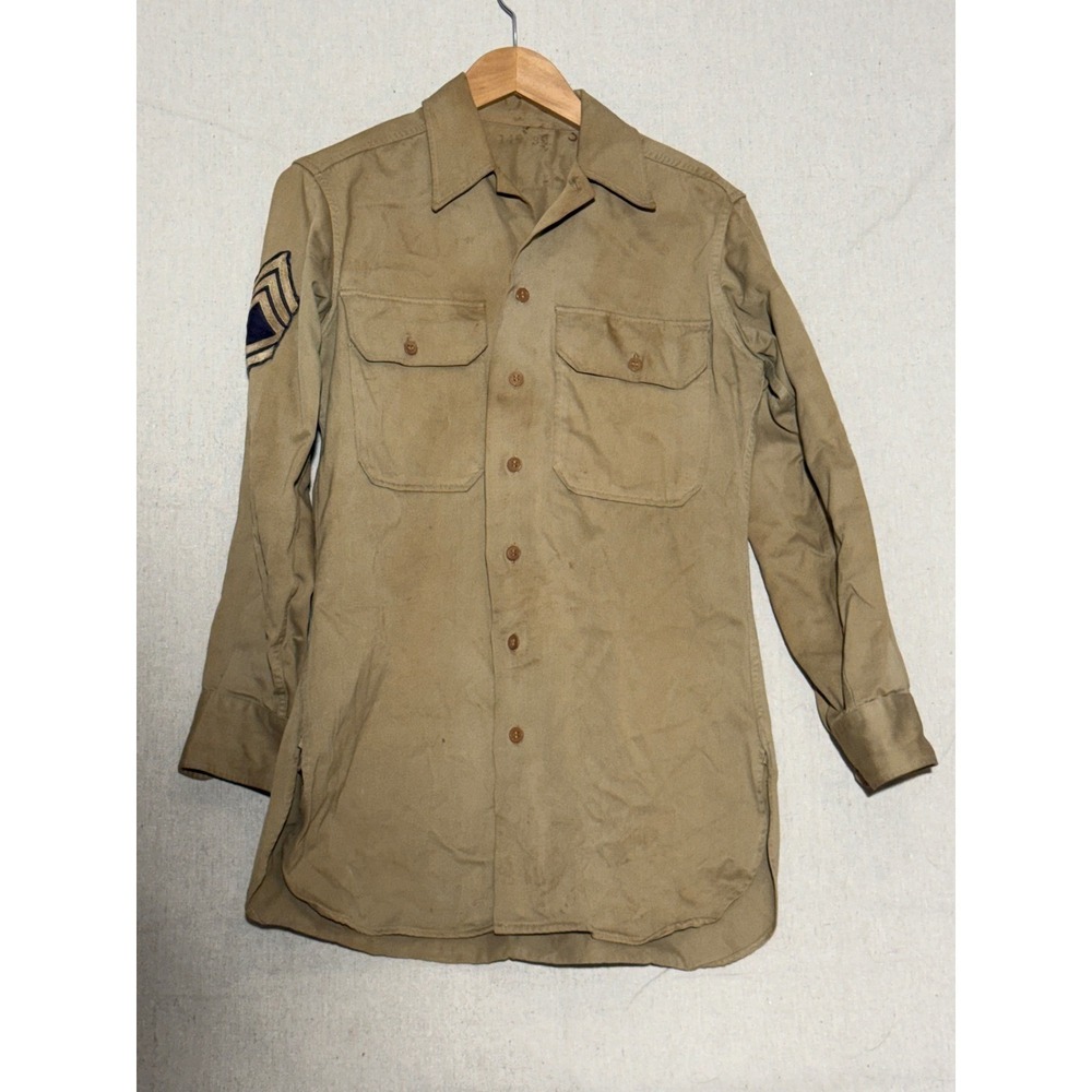 Vintage US Army Khaki Twill Shirt Staff Sergeant Rank Patches Tan 14.5x32